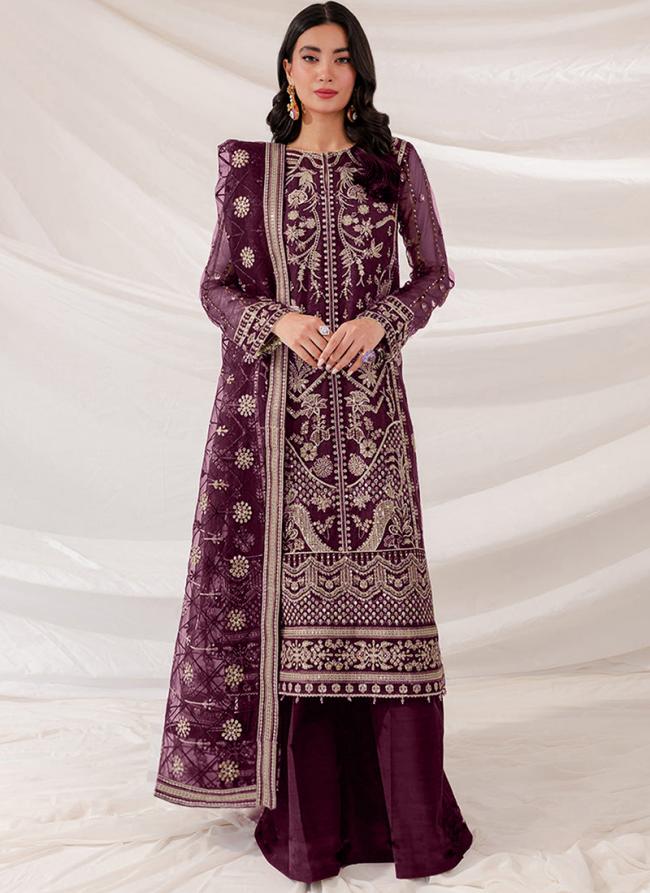 Georgette Purple Traditional Wear Embroidery Work Pakistani Suit
